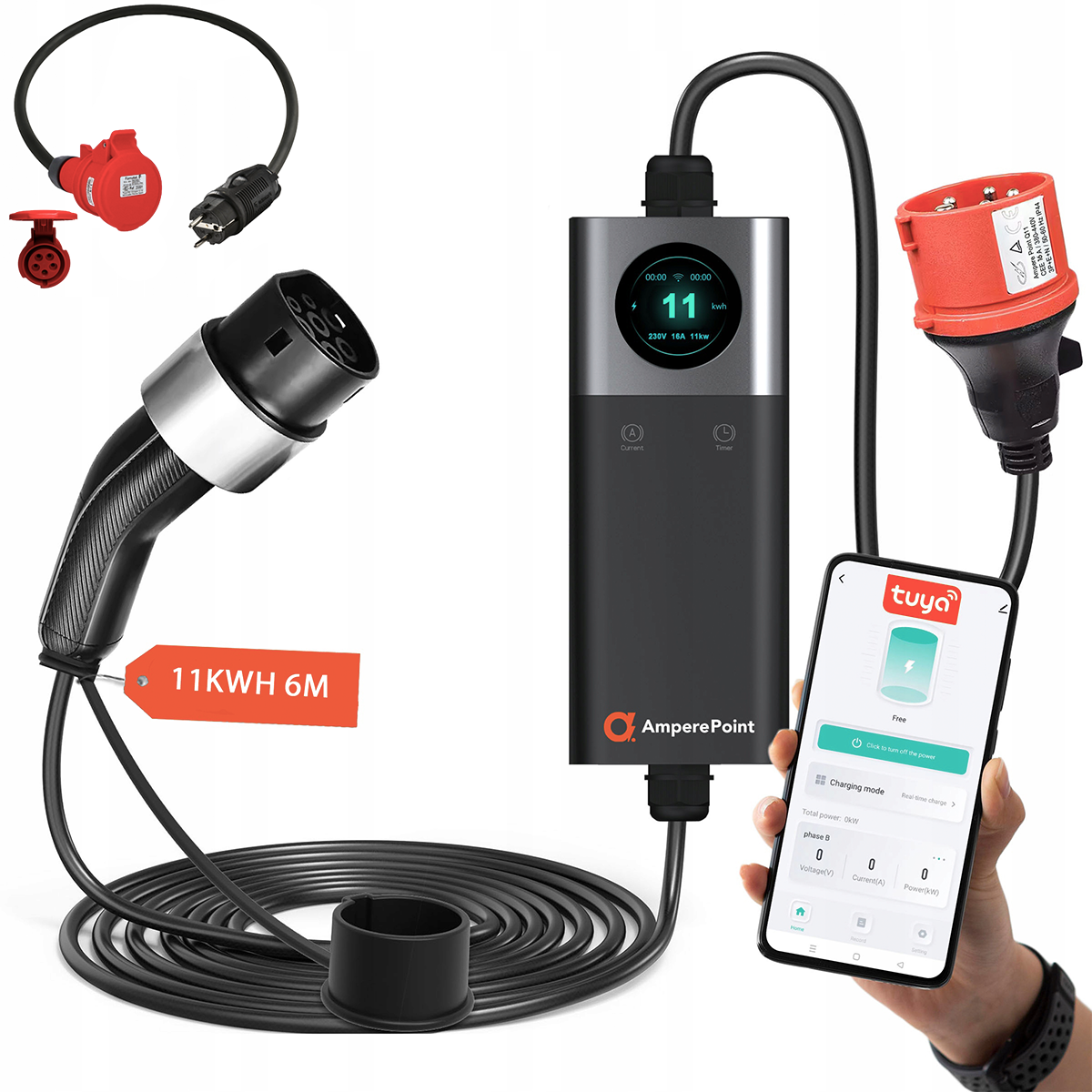 Tragbares Ladegerät Q11 (16A, Typ 2, 11kW) + Adapter CEE16A-Schuko