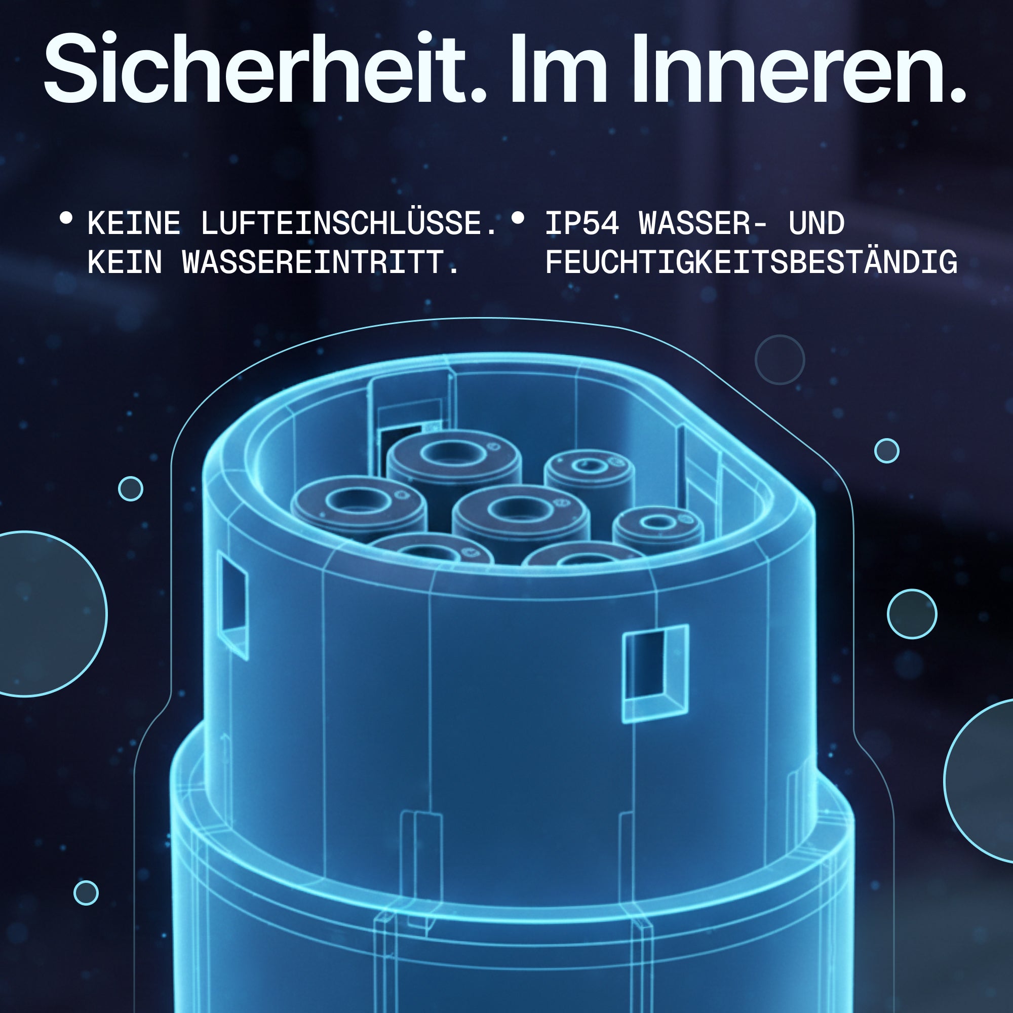 Technical drawing of a cylindrical component with text about safety and water resistance on a dark background.