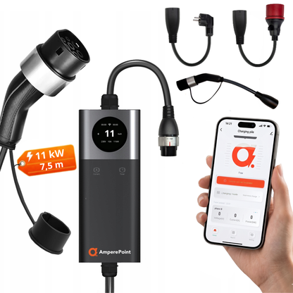 Tragbares Ladegerät Q11 PRO (16A, Typ 2, 11kW) + 3x Adapter