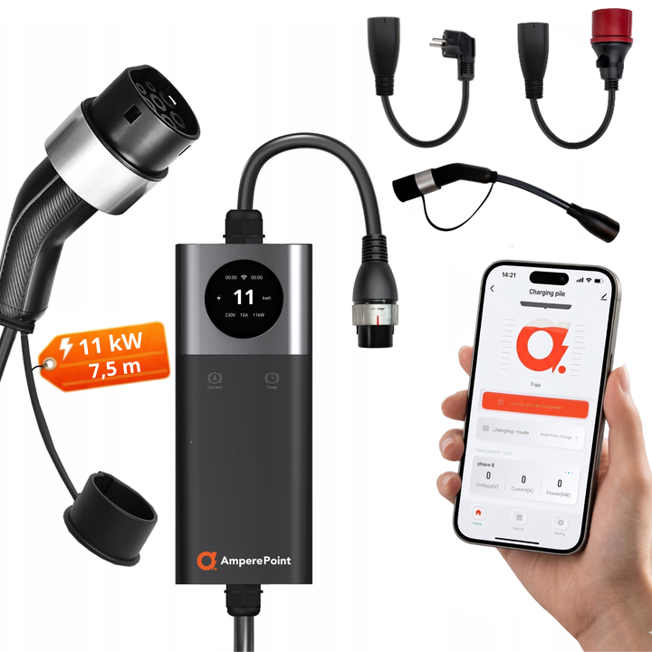Tragbares Ladegerät Q11 PRO (16A, Typ 2, 11kW) + 3x Adapter