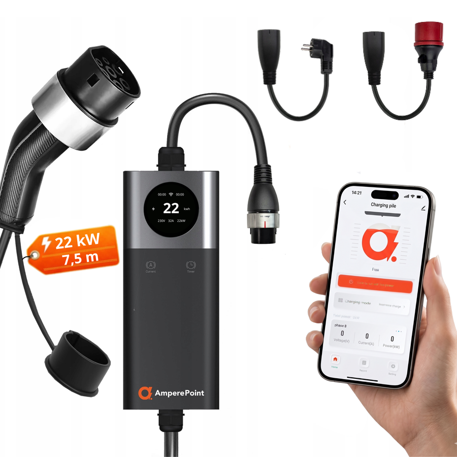 Tragbares Ladegerät Q22 PRO (32A, Typ 2, 22kW) + 2x Adapter
