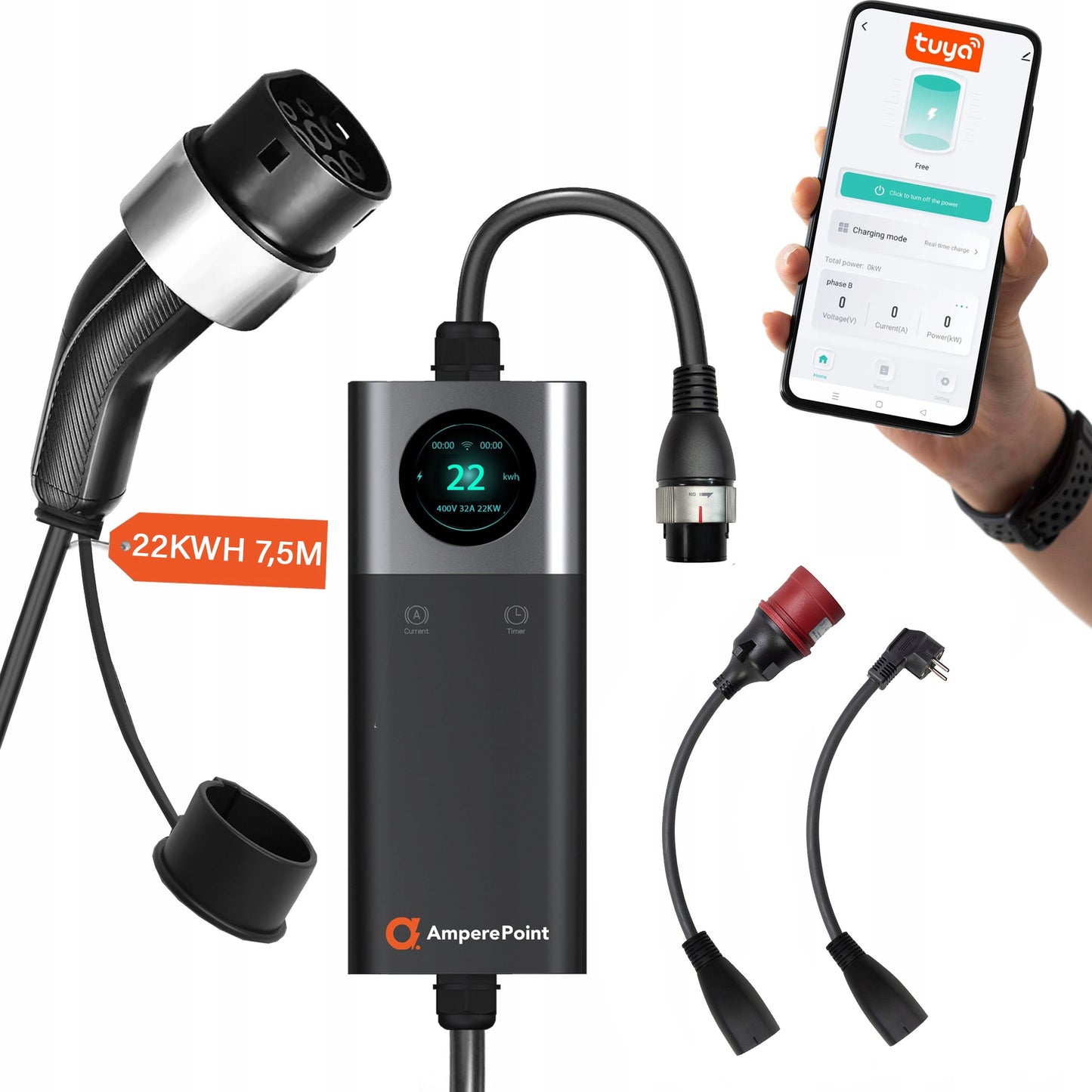 Tragbares Ladegerät Q22 PRO (32A, Typ 2, 22kW) + 2x Adapter