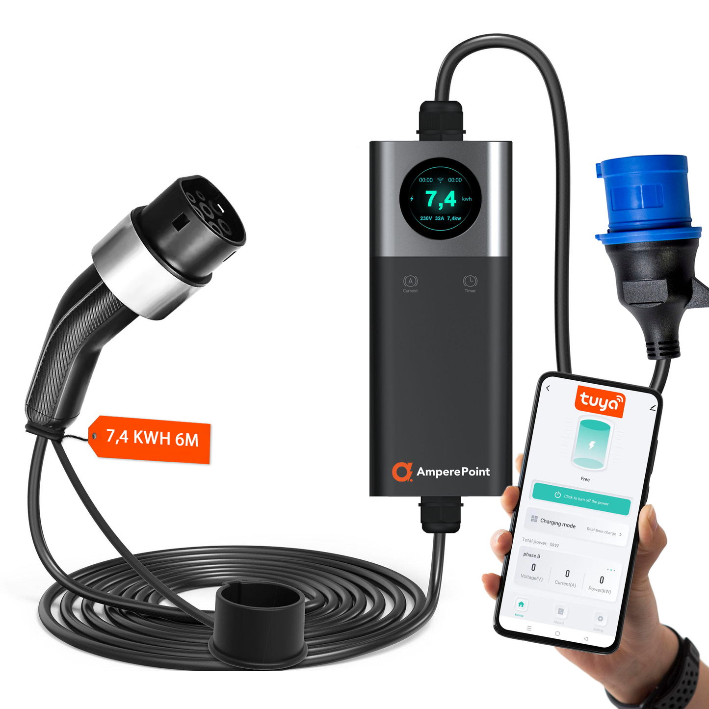 Tragbares Ladegerät Q74 (32A, Typ 2, 7,4 kW) mobile App